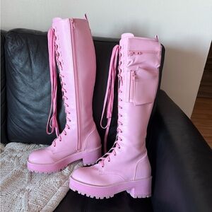 Pink Knee-High Lace-Up Boots